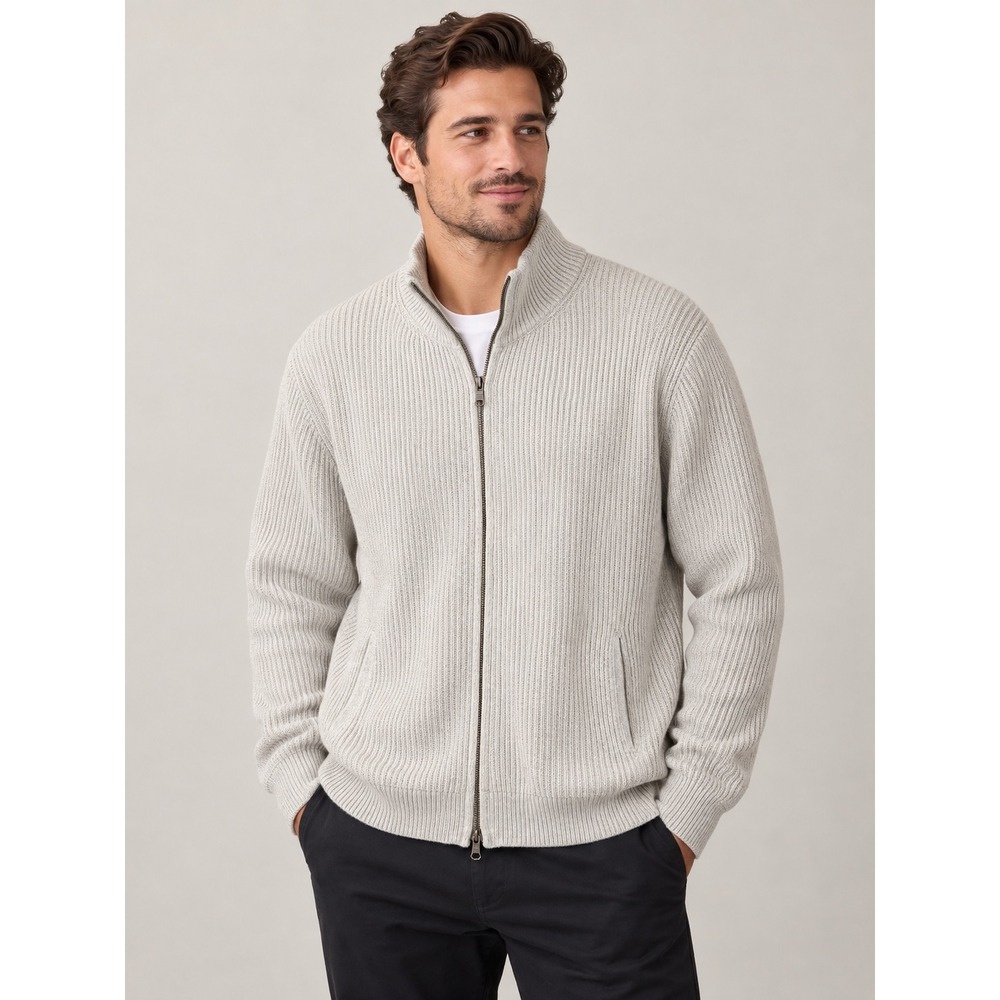 Banana Republic Mens Sweater XL Gray Ribbed Full Zip Cotton Cardigan Mock Neck